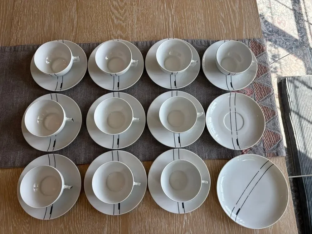 Vintage Ćmielów Poland Porcelain Coffee Tea Set - MCM Black Line Geometric